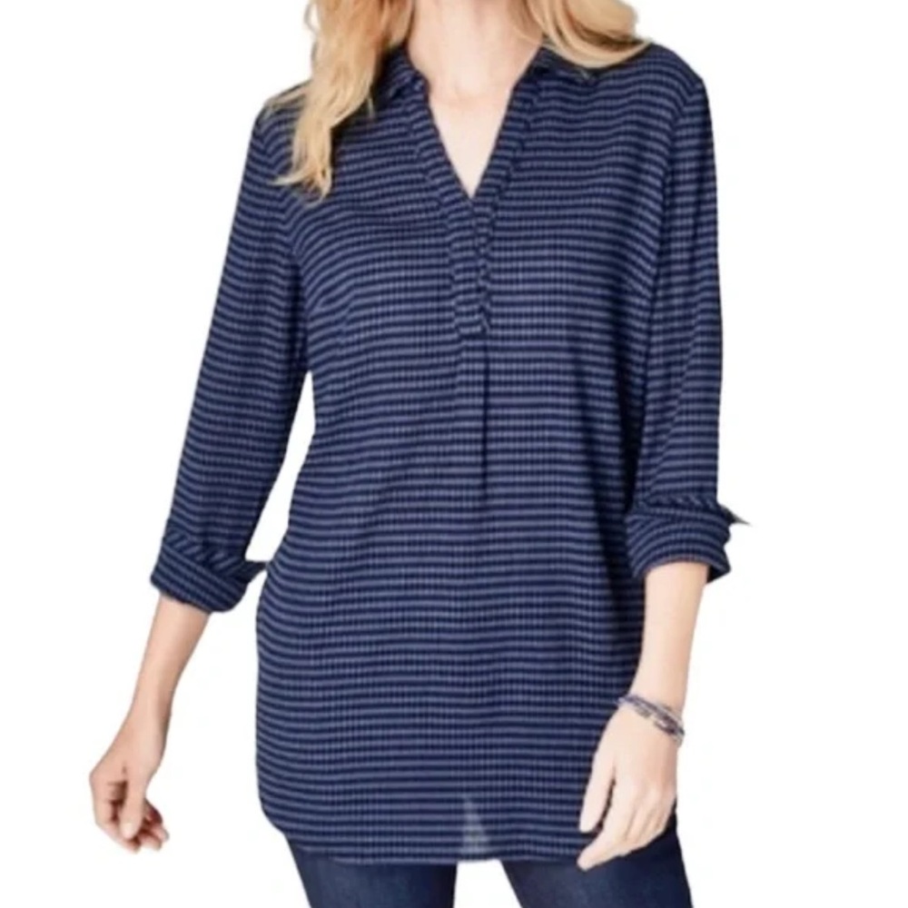 J. Jill Blue Gingham Plaid Cotton Popover Tunic Top Long Sleeve Small Petite